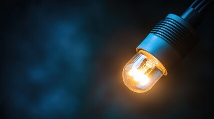 Single LED bulb illuminating darkness with warm glow creating atmospheric light in dark space concept for creativity and inspiration