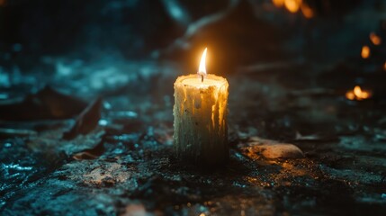 Illuminated candle in dark surroundings with shadows and warm light creating a serene and mysterious atmosphere