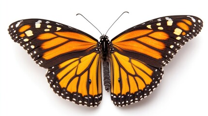 Obraz premium Monarch butterfly perched gracefully against a clean white backdrop showcasing its vibrant orange and black wings in stunning detail