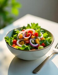 Fresh and vibrant Vegetable salad with avocado, red onions, and leafy greens freshness.