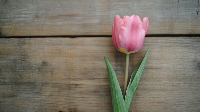 Single pink tulip flower on rustic wooden background with ample copy space for floral themed designs or spring promotions