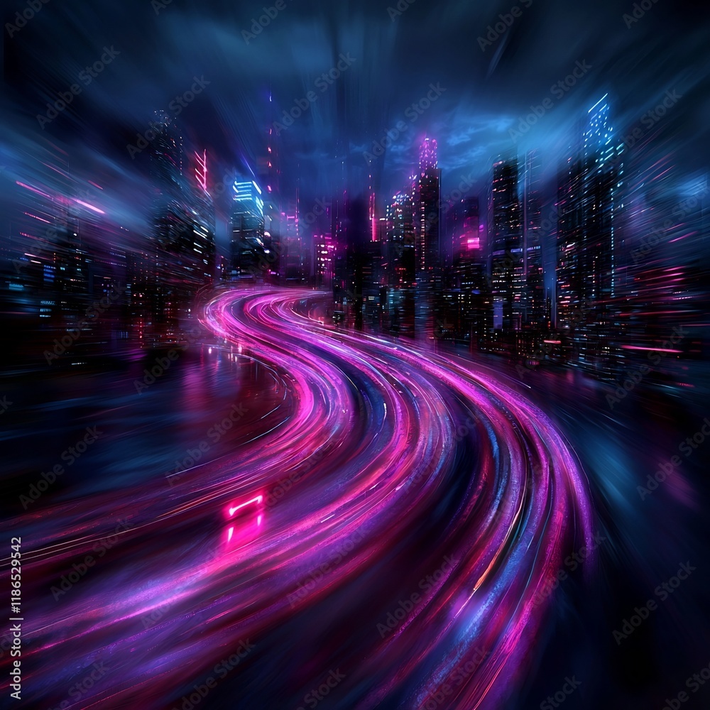 Poster vibrant illuminated metropolis at night with captivating quantum fluctuations and dynamic futuristic