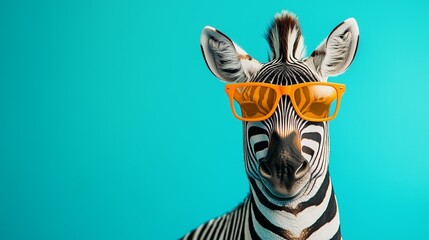 Quirky zebra wearing orange sunglasses against a vibrant blue background with copyspace, showcasing a fun and stylish animal concept.