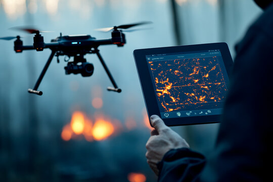 A drone hovers over a wildfire, while a person monitors the situation using a tablet, highlighting technology's role in combating natural disasters.