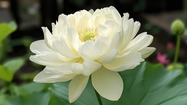 Fototapeta Single pure white lotus flower blooming gracefully atop lush green leaves in a tranquil natural setting