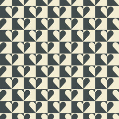 Checkered graphical ornamental seamless pattern, heart shapes abstract repeat background. Love decorative grid. Black white vintage colours palette. Vector illustration