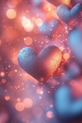 Fototapeta premium Blurred glowing heart bokeh softly scattered on a deep red backdrop, creating a passionate mood, book illustration style