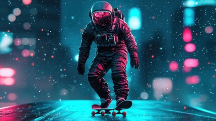 Fototapeta premium Astronaut Skateboarding in a Neon Urban Environment at Night