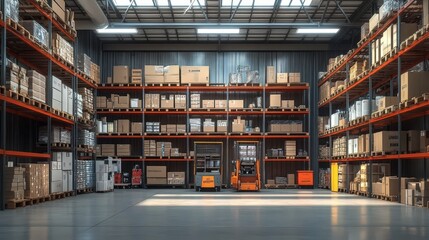 Bright and Organized Warehouse Interior with Shelves Full of Boxes and Pallets in a Retail Storage Space