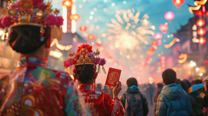 Fototapeta premium Chinese New Year red envelope, bustling street festival, performers in traditional costumes, colorful fireworks in the background, festive mood