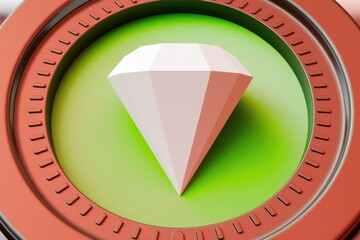 A 3D rendered image of a white diamond, centrally positioned against a lime green background within a reddish-brown circular frame.