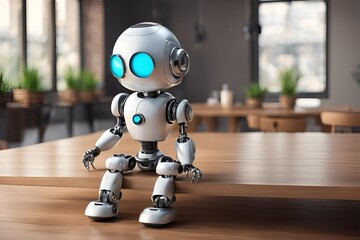 Cute small robot sit on table, empty background.