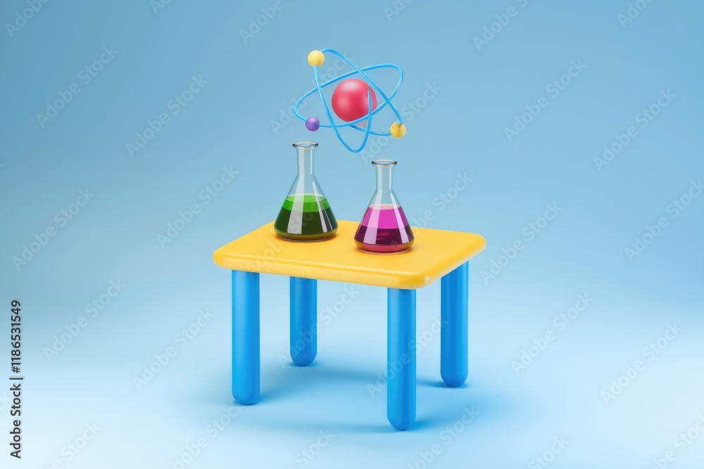 Poster colorful erlenmeyer flasks containing liquids sit on a small table with an atom model above.