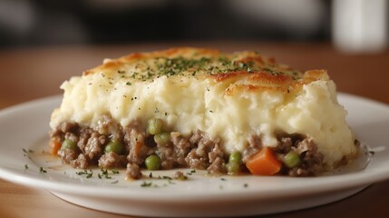 Classic shepherd's pie slice with creamy bechamel sauce and mixed vegetables on a plate garnished with fresh herbs.