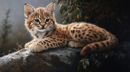 Siberian lynx kitten resting on a rock surrounded by foliage showing soft fur and striking features in a natural setting