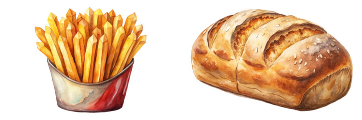 Golden French fries, crispy texture, fresh baked bread, warm colors, food illustration, culinary art, delicious snacks.