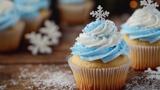 Winter Wonderland Cupcakes: Delightful cupcakes adorned with swirls of light blue and white frosting, topped with delicate snowflake decorations, create a charming winter scene.