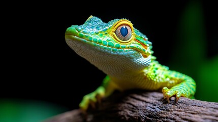 Fototapeta premium Close-up of a vibrant green gecko with striking blue eyes, perched on a dark brown branch against a blurred background.