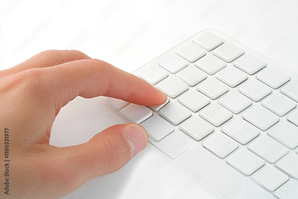 Poster a person typing away on a clean and simple white keyboard, ideal for use in tech-related contexts or