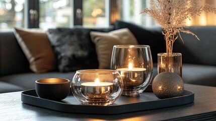 Elegant tea candles in glass holders creating a warm ambiance on a stylish table with decorative elements in a cozy living space
