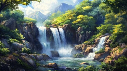 Obraz premium Serene Waterfall in Lush Green Mountain Valley