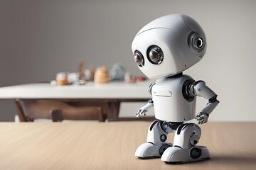 Cute small robot sit on table, empty background.