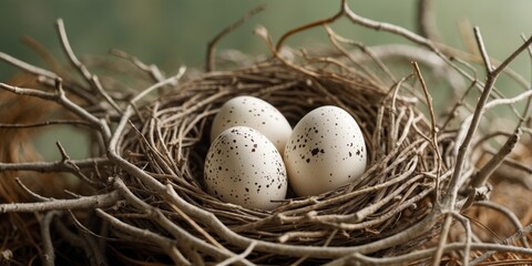 Three speckled bird eggs nestled in a woven nest