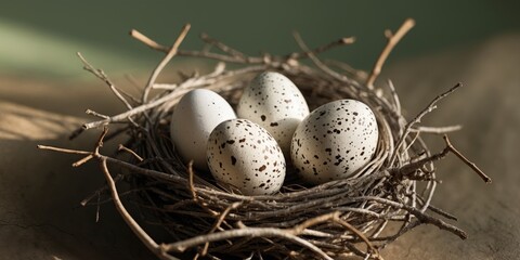 Three speckled bird eggs nestled in a woven nest
