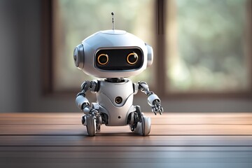 Cute small robot sit on table, empty background.