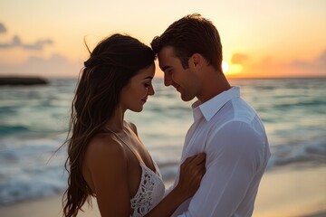 Romantic couple embracing on beach at sunset, enjoying intimate moment