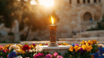 A sacred lantern with the Holy Fire resting on an ornate altar surrounded by flowers and candles during Easter in Jerusalem 