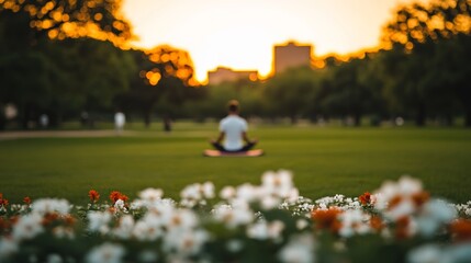 A serene park scene with people practicing yoga at sunrise framed by blooming flowers and soft golden light for World Health Day elegance 