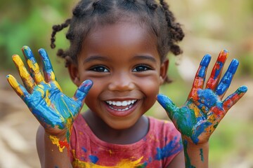 Young girl showing painted hands and smiling at the camera