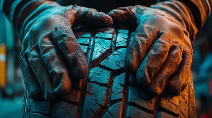 A worker in a garage grips a textured tire with yellow gloves, showcasing hands-on maintenance and transport readiness in an industrial setting.






