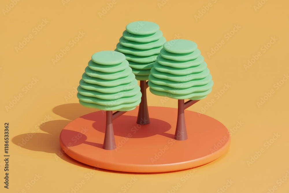 Aufkleber three stylized 3d trees on an orange circular base, minimalist design.