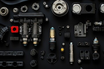 Obraz premium Close-up shot of diverse mechanical components on a black surface