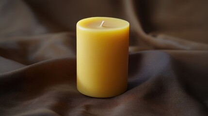 Yellow candle on dark brown fabric background creating a warm and serene ambiance for relaxation and meditation.