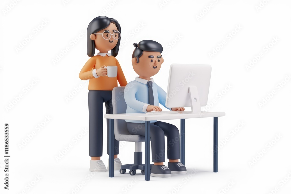 Poster A 3D rendered image showing a woman assisting a man working on a computer.