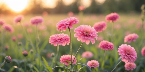 Fototapeta premium Vibrant Pink Zinnia Flowers in Sunset Meadow