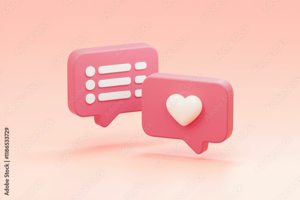 Poster pink 3d rendered speech bubbles showing a checklist and a heart, symbolizing feedback and appreciati