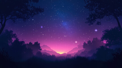 Fototapeta premium Night Sky Serenity: A breathtaking view of a star-studded sky over a lush forest, bathed in hues of pink and purple, creating a mesmerizing nocturnal scene. 