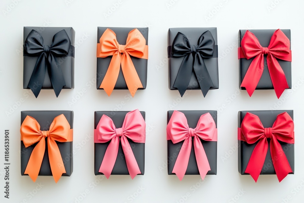 Fototapete a set of minimalistic birthday gifts wrapped in matte paper with contrasting bright bows on a simple
