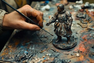 Artist painting fantasy miniature figurine on a palette