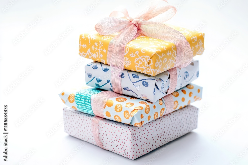 Fototapete a stack of birthday gifts wrapped in festive patterns with soft, flowing ribbons, creating a joyful 