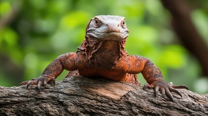 Fototapeta premium Close up of a red brown giant cat monitor lizard displaying aggression on a tree trunk in a natural blurred background endangered species image