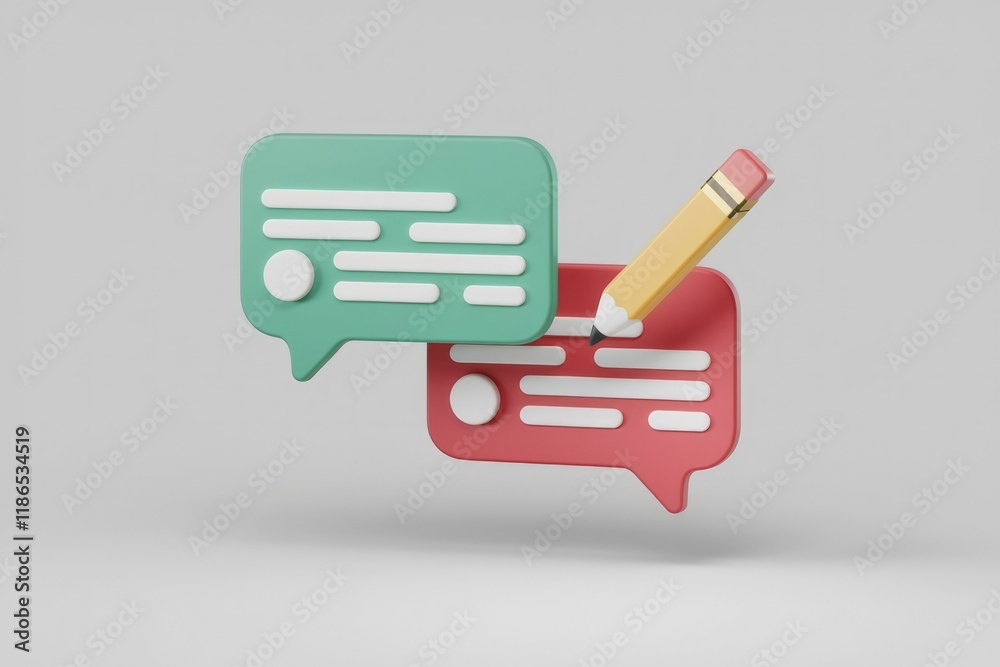 Poster 3d illustration of two speech bubbles with a pencil, signifying communication and writing.