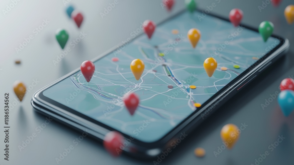 Poster Colorful location markers hover over a smartphone displaying a city map, representing navigation, gps tracking, and point of interest search in a modern, connected world
