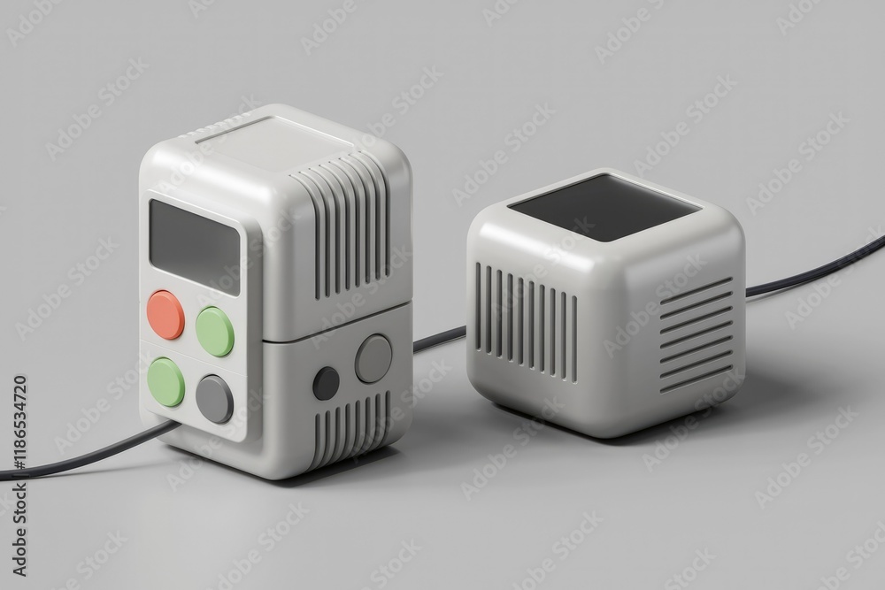 Poster Two retro-styled electronic devices, one with buttons and a screen, connected by a cable.