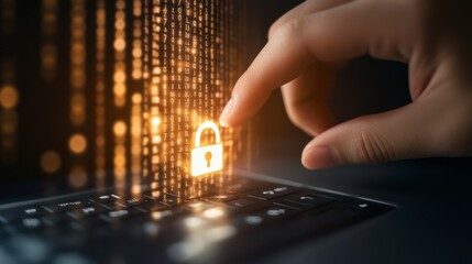 Cybersecurity Lock: A hand gently touches a glowing padlock icon emerging from a digital stream of code on a laptop keyboard, symbolizing online security and data protection. 
