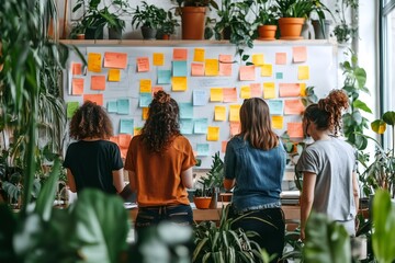 Four businesswomen reading sticky notes on whiteboard in green office analyzing project strategy